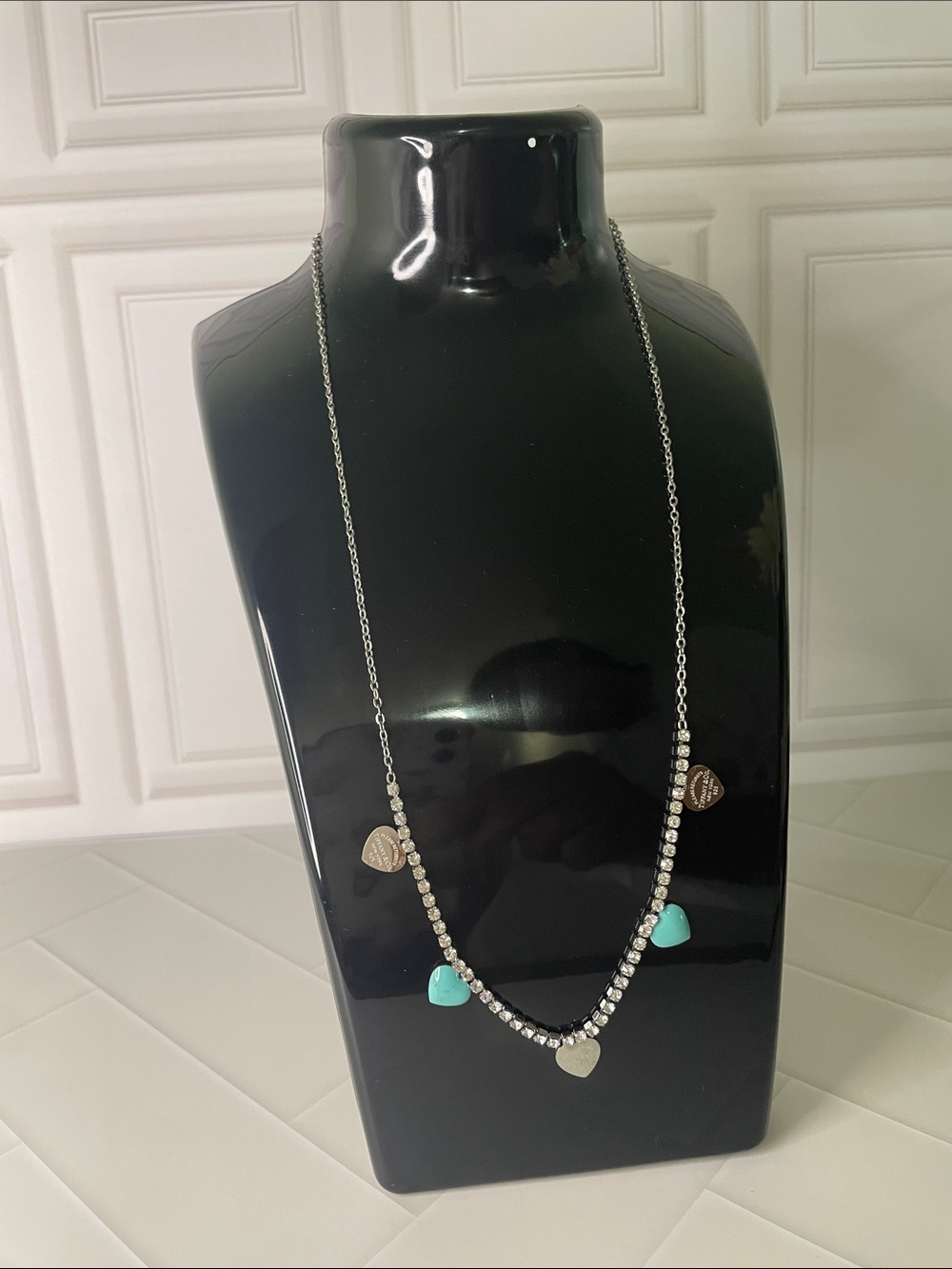 Stainless steel Silver-Tone Necklace with Turquoise Heart Charms